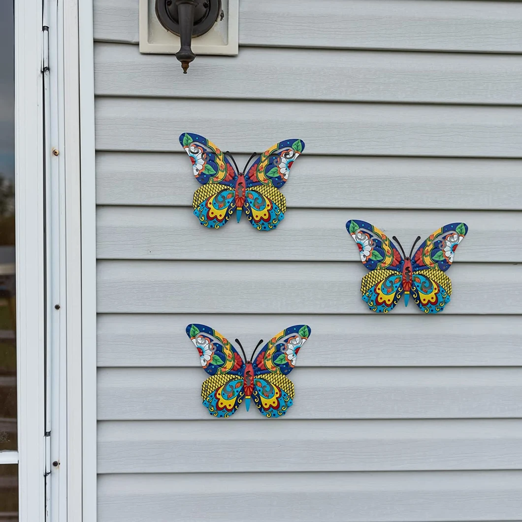 Metal Butterfly Wall Sculpture Colorful Outdoor Wall Art Iron Hannging Decoration Set of 3