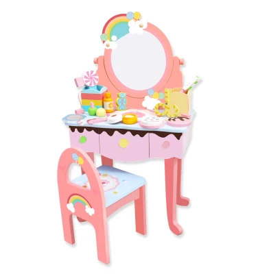 Brinquedo de maquiagem de arco-íris de madeira conjunto infantil com espelho penteadeira infantil e conjunto de banquinho para meninas